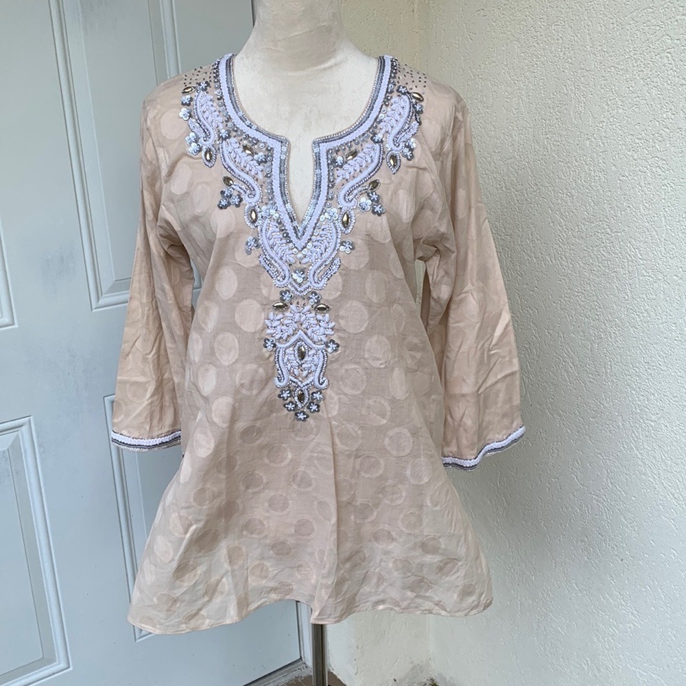 SULU.NWOT. Kurti/Tunic.Beautiful beige top,hand set beads &‎ embroidery w…